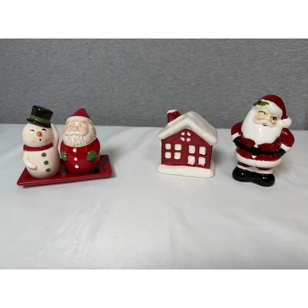 Christmas Ceramic Salt and Pepper Shakers Set Santa Snowman Cottage 5pc Lot